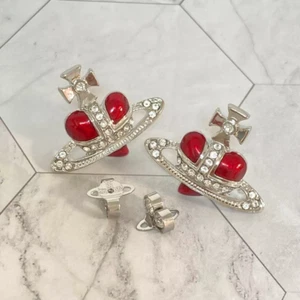 Vivienne Westwood Diamante Red Heart Orb Earrings Silver With Box - Picture 1 of 7