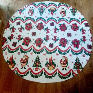 Vintage Weihnachten Tischdecke 59" Rund Santa Kerze Baum Pointestitel - Bild 1 von 14