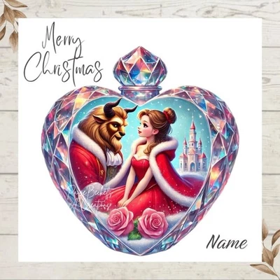 Personalised Beauty & The beast CHRISTMAS Greetings Card ANY NAME - Image 1 of 2