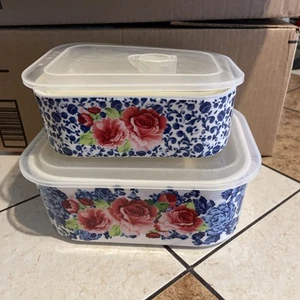 2 Pc Pioneer Woman Heritage Flower Stoneware Bakeware Casserole Dish With Lids - Picture 1 of 8