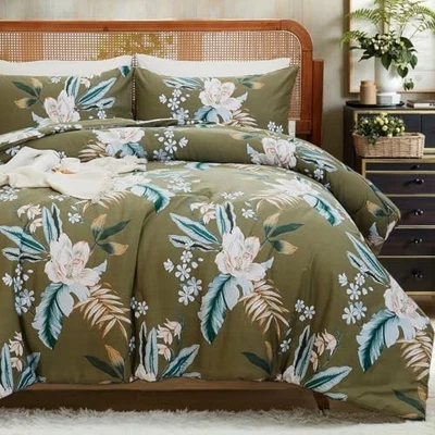  100% Cotton Floral Comforter Set Botanical Bedding with Queen Olive Green - Image 1 of 4