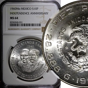 MEXICO Silver 1960 Mo 10 Pesos War of Independence 40mm NGC MS64  KM# 476 (031) - Picture 1 of 5