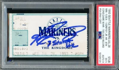 Ken Griffey Jr. Signed 1993 8th Consecutive HR Ticket Stub PSA 5 Sig Mint 9 DNA - Image 1 of 2