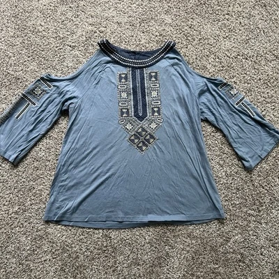 Top Denim Azul Geométrico Boho Bordado Lentejuelas Plateadas Mujer’s L Manga Larga Foto 1 de 4