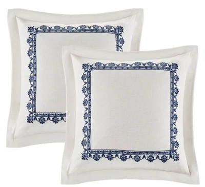 2 Madison Park Indigo Sky Euro Sham Covers 26 x 26 Off White Blue Embroidery - Image 1 of 4