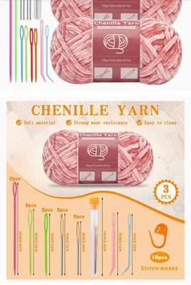 6* 100g Chenille Yarn, Needles, 3 white/3 Blue - Image 1 of 4