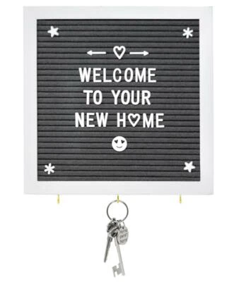 Grey Felt Letter Board with Key Hooks - 10" x 10" White Frame - Use White Wood S - Image 1 of 2