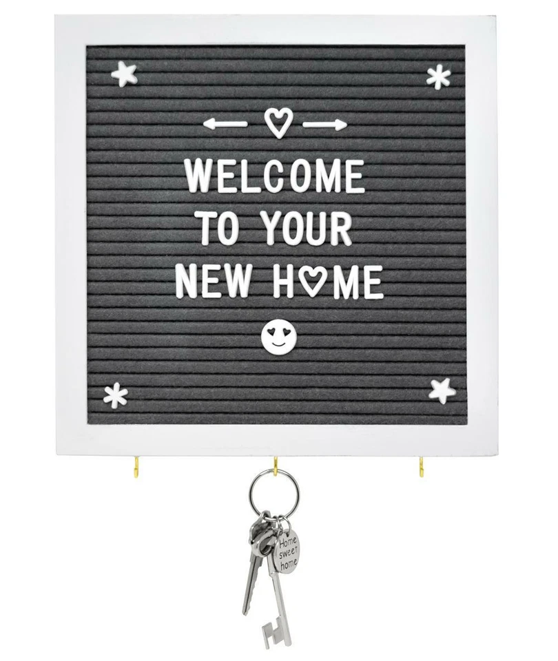 Grey Felt Letter Board with Key Hooks - 10" x 10" White Frame - Use White Wood S - Image 1 of 2