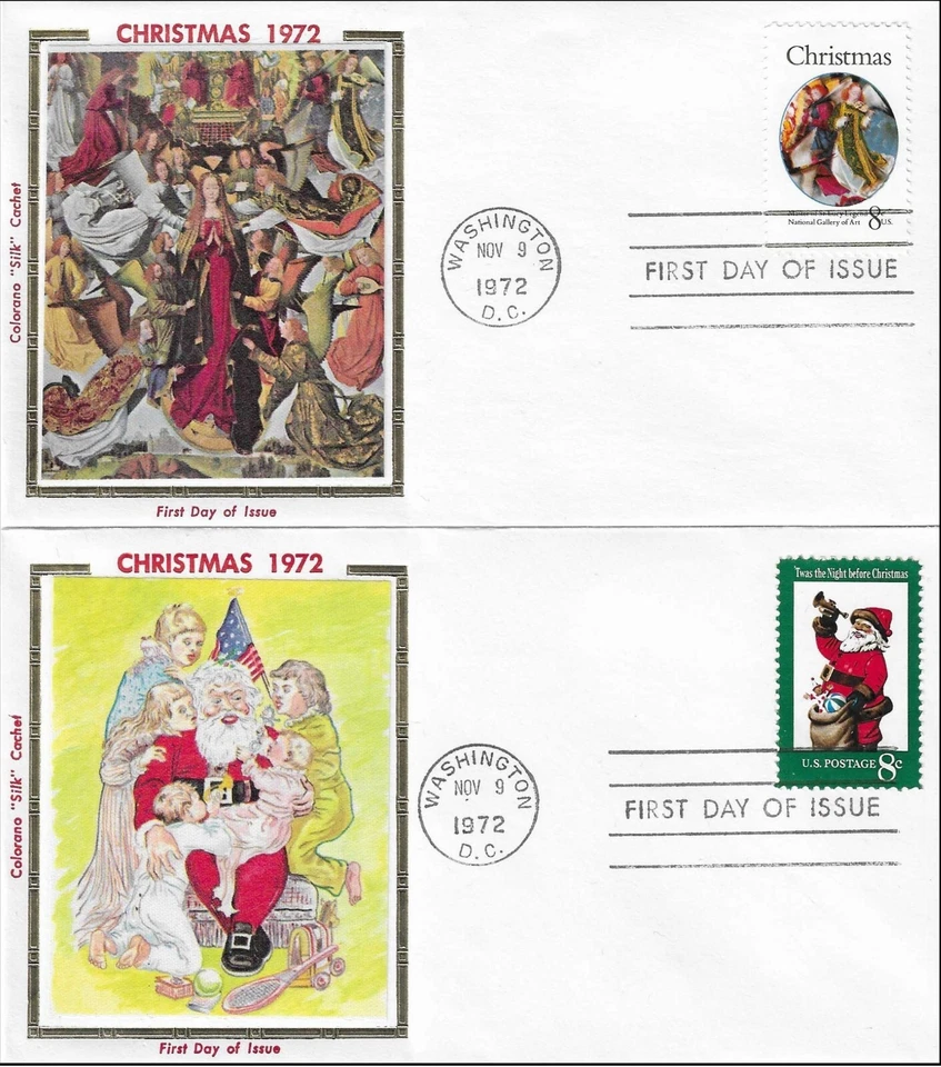 Christmas Santa Claus & Angels 2 Covers USA Colorano Silk 1471-1472 FDC 1972 - Image 1 of 1