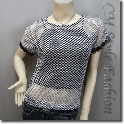 Conjunto de suéter de encaje de malla de red y camisola negra negro plateado S Foto 1 de 4