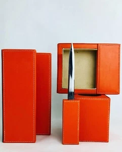 π¨ Vintage Orange Desk Set 70s Set Da Scrivania Eco-pelle Arancio Hermes STYLE - Foto 1 di 12