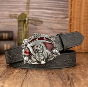 Grim Reaper Skull Embossed Faux Leather Belt - Picture 1 of 5