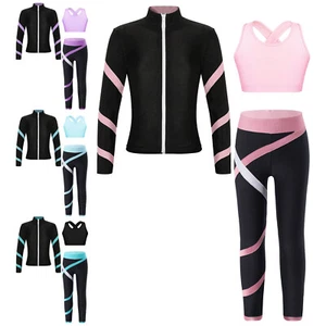 Child Girls Outfit 3Pcs Tracksuits Stripe Set Pants Vest Long Sleeve Leggings - Picture 1 of 47
