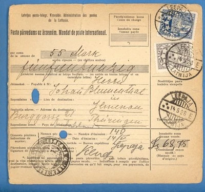 LETONIA 1928 PAQUETE POSTAL PORTADA CANCELAR LEEPAJA A ILMENAU 1094 Foto 1 de 2