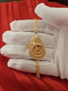 Round Ottoman Totem Pendant Necklace 24kt Gold Plated Turkish Coin Pendant Lira - Picture 1 of 3