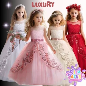PRINCESS FLOWER GIRL WEDDING Sequin Long Dress Kids Party Lace Bow Gown DRESSES - Picture 1 of 25
