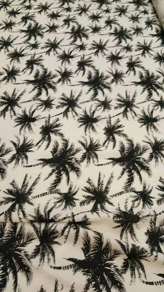 100% Rayon chally with off white background and black palm trees By Yard - Image 1 of 4