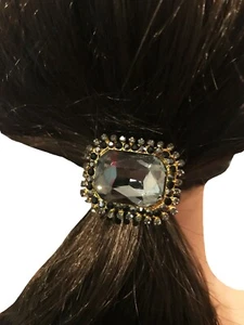 New Large Smoke Gray Emerald Crystal Cut Ponytail Black Elastic Band - Picture 1 of 3