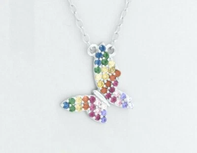 925 Sterling Silver Rainbow Sapphire Flying Butterfly Adjustable Chain Necklace - Image 1 of 4