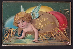Postkarte Winsch kleiner Engel schlüpft 1910 aus goldenem Ei Ostern - Bild 1 von 2