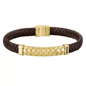 Boss Men's Bracelet 5185941 10/12ft Brown Leather Strap Steel Golden 7 7/8in - Picture 1 of 3