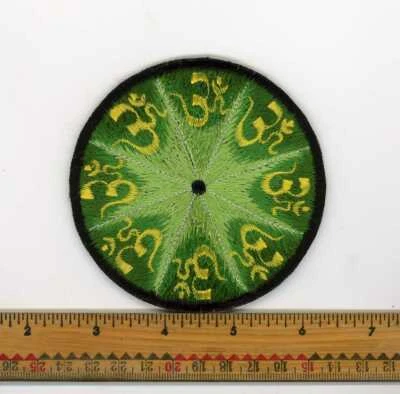 Hand Embroidered Green & Yellow Circle of Om's Patch Fair Trade Nepal 3" Round - Image 1 of 4