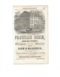 Vintage Antique 1861 Franklin House Hotel ~ Bangor, Maine Advertisement - Picture 1 of 2
