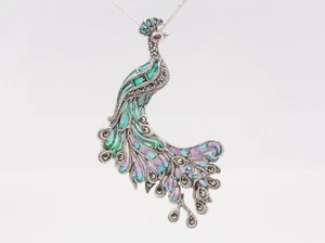 Plata de Ley Plique-à-jour Esmalte Rubí Marcasita Broche Colgante de Pavo Real - Imagen 1 de 4