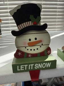 Wooden Snowman Christmas Stocking Holder Decor Set Of 2 - Picture 1 of 4