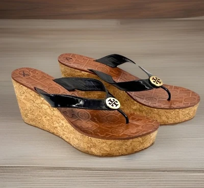Tory Burch Thora Wedge Cork Platform Patent Leather Sandal Shoes Black Size 10 - Image 1 of 4