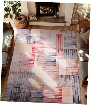  Tapetes retrô azuis e vermelhos 8x10, tapetes laváveis vintage bege grade de textura 8X10 - Imagem 1 de 4