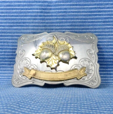 Western Scroll & Acorns Belt Buckle Nickel Silver Vtg 60s 70s Chambers   .TYC270 - Image 1 of 4