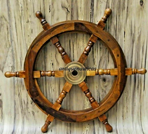 Nautical Wooden Ship Steering Wheel Handmade Wood And Brass 18" ship wheel - Picture 1 of 6