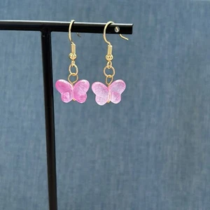 Gold Dangle Earrings with Pink Glass Butterfly Charm - Picture 1 of 2