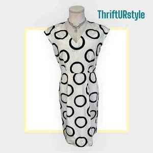 White Circle Print V-Neck Dress Cocktail Party Career Modern Chic - Picture 1 of 4