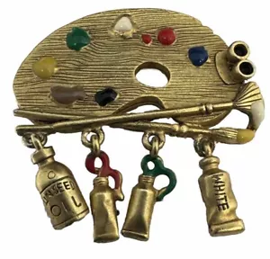 Vintage Danecraft goldfarbene Malerpalette baumelnde Farbtube Pinsel Brosche Anstecknadel - Bild 1 von 7