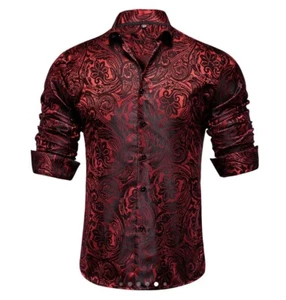 AILISUS Plus Size Men’s Paisley Florar Dark Red Long Sleeve Dress Shirt Luxury. - Picture 1 of 1