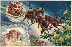 Frohe Weihnachten Kind träumt vom Weihnachtsmann im Schlitten Vintage Weihnachtsmann Postkarte - Bild 1 von 2