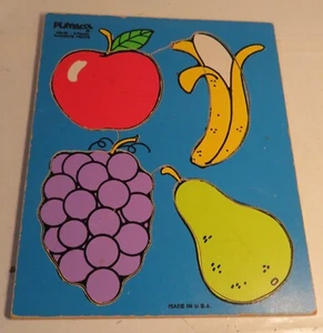 Vintage Wooden Tray Puzzle USA Playskool Favorite Fruits 4pc Apple Grape Banana - Picture 1 of 6