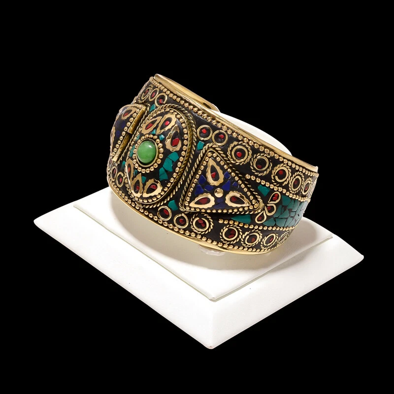 Turquoise, Onyx & Red Coral Gemstone Tibatan Antique Handmade Boho Style Cuff - Image 1 of 1