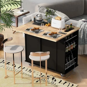 Kitchen Island w/ Power Outlet,Kitchen Storage Island w/ Drop Leaf & Rubber Wood - Picture 1 of 23