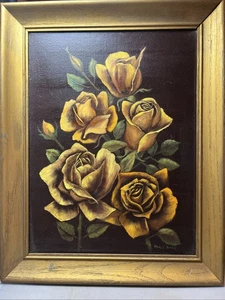 Mid Century Rose Oil Painting Yellow Gold - Picture 1 of 3