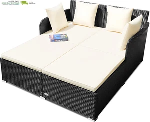 Outdoor Rattan Daybed, Patio Loveseat Sofa Set W/Comfortable Cushions, Extra Pil - Picture 1 of 8