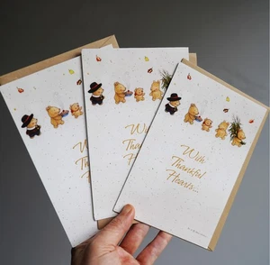 (3) Mary Melcher Thanksgiving With Thankful Hearts Recycled Paper Cards Bears - Picture 1 of 3