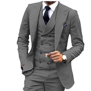 V-neck Linen Suit 3 Pieces set for wedding jacket+pants+vest fashion - Picture 1 of 5