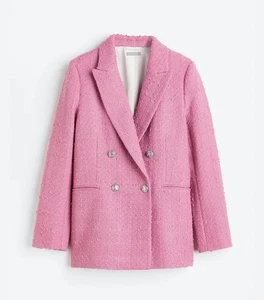 H&M TEXTURED DOUBLE-BREASTED BLAZER PINK SZ XL TWEED BLOGGERS BARBIE SILVER  - Picture 1 of 11