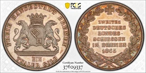 1865 B Thaler PCGS MS62 Bremen Shooting Steul-1 - Picture 1 of 2