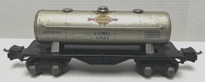 1933-42 ВИНТАЖНЫЙ ДОВОЕННЫЙ LIONEL O-GAUGE S.U.N.X #2680 СЕРЕБРИСТЫЙ АВТОМОБИЛЬ-ЦИСТЕРНА SUNOCO - Изображение 1 из 4