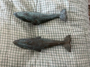 Pair (2) Of Antique Verdigris Copper Whale Shaped Water Main Handles - Rare - Picture 1 of 9