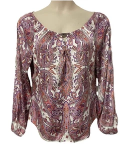White House Black Market Top Paisley Print Blouse Purple White Split Sleeve sz L - Picture 1 of 11